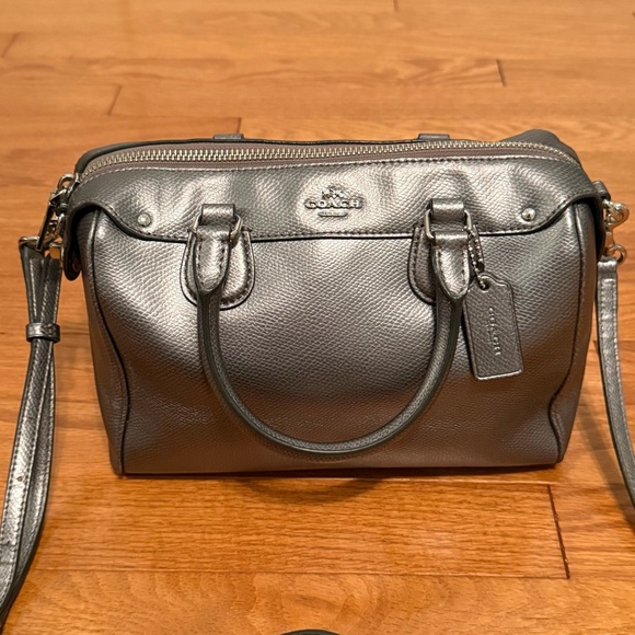 Coach Mini Bennett Metallic Cross Grain Leather Satchel in Silver/Gray - Picture 2 of 12